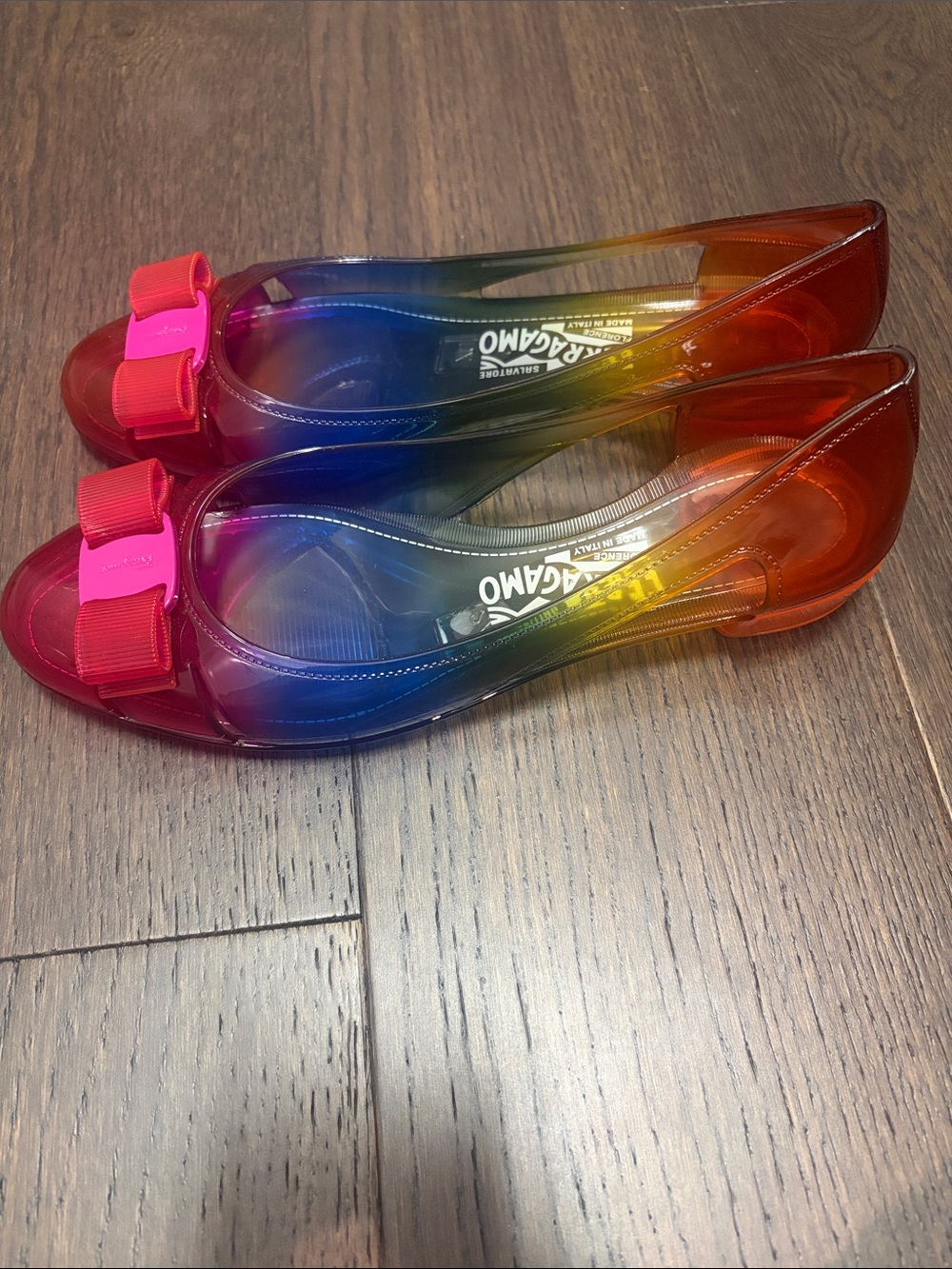 Salvatore Ferragamo Rainbow Multicolor Jelly Ballet Flats with Pink Bow Accent - Picture 3 of 6